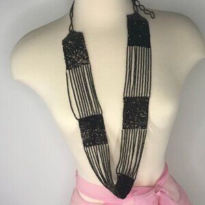 Long Beaded Necklace Black Metallic